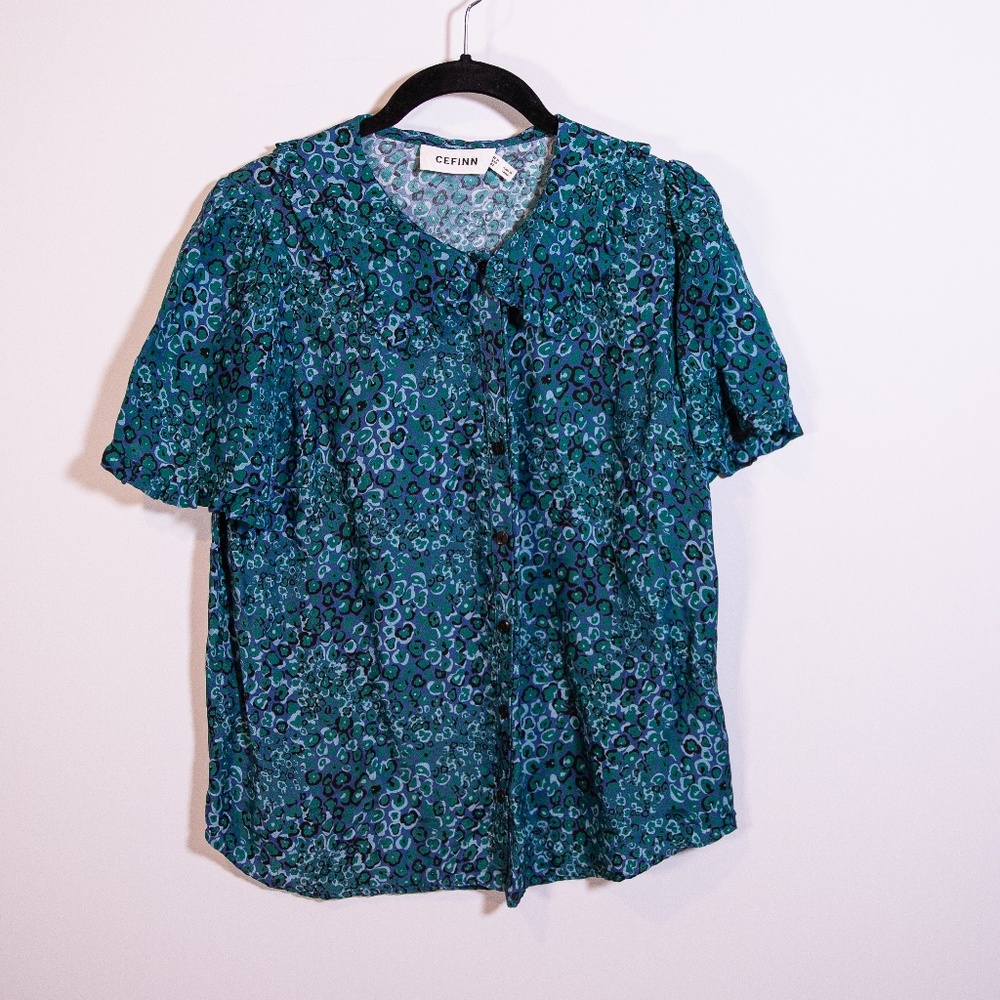 Cefinn Silk Chiffon Blue Green Print Pattern Collared Button Down Blouse Shirt 8